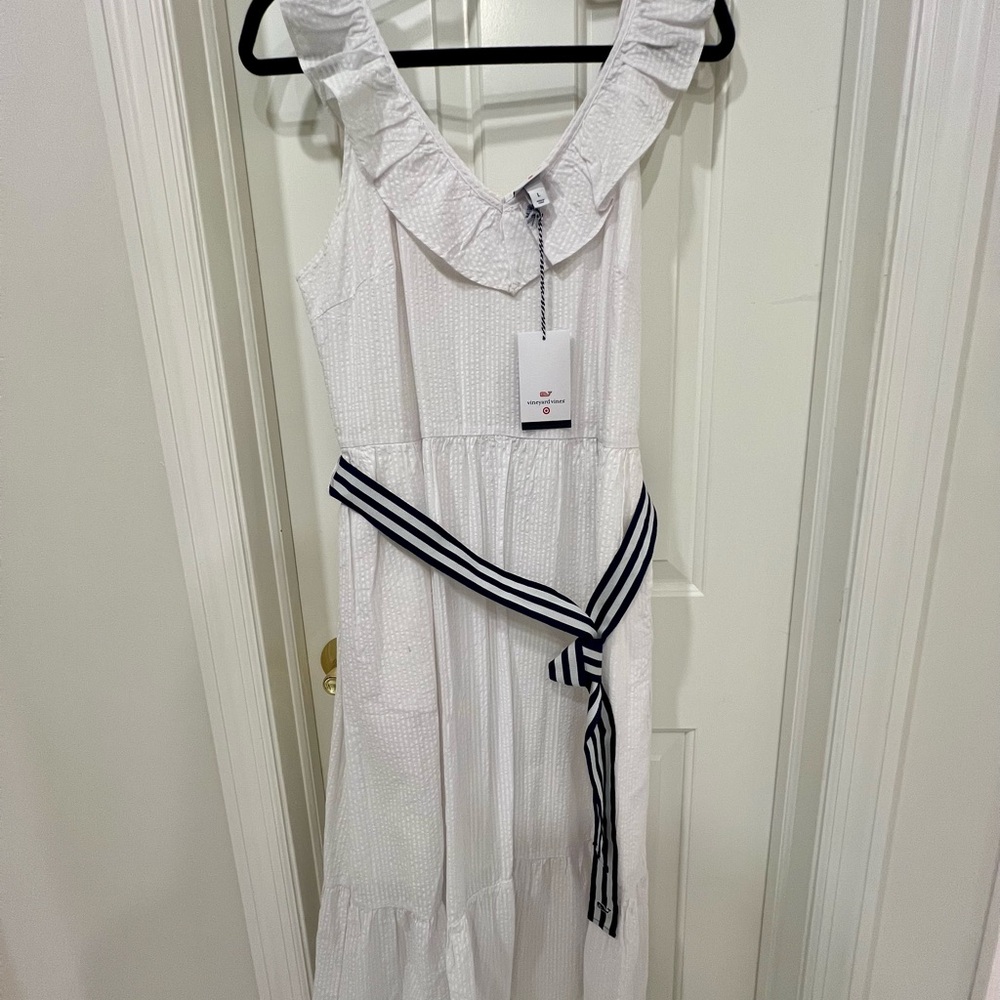 Vineyard Vines White Midi Dress with Navy Striped Belt